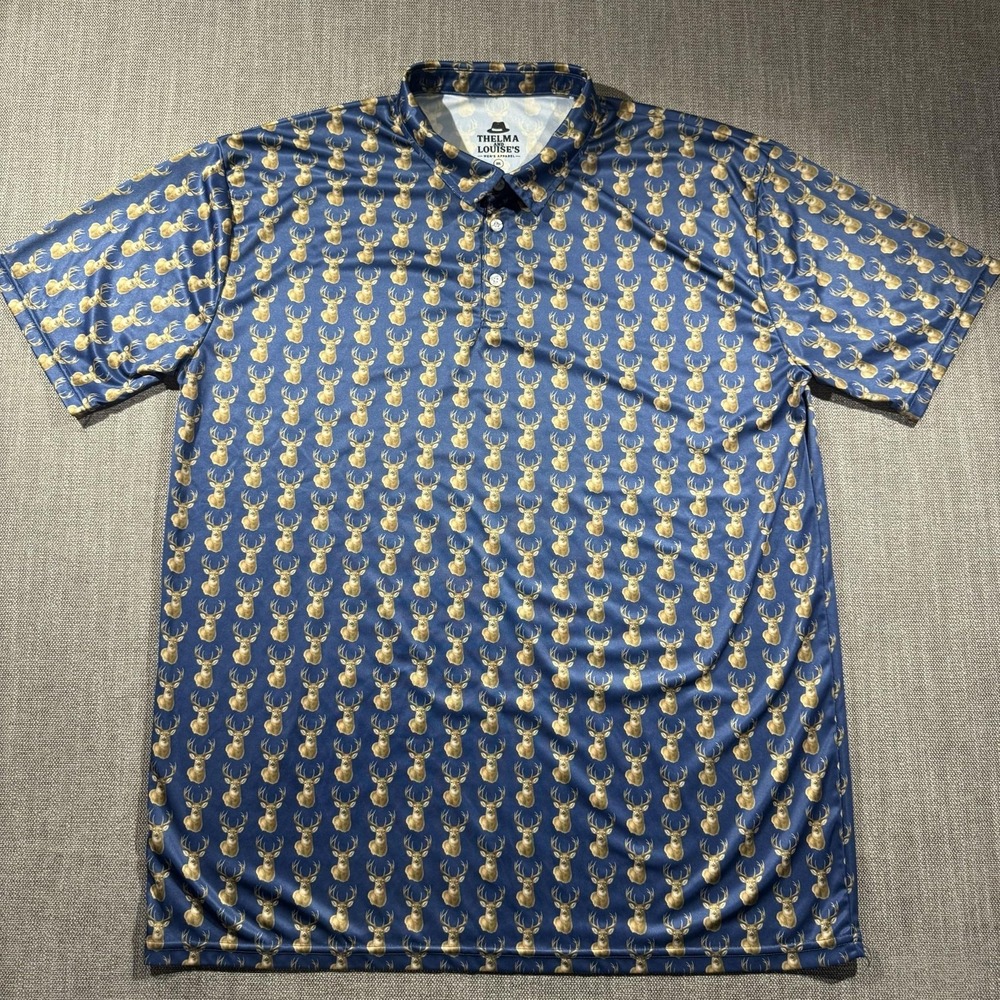 Thelma And Louise's Polo Shirt Mens 3XL‎ Blue All Over Deer Head Graphic Hunting